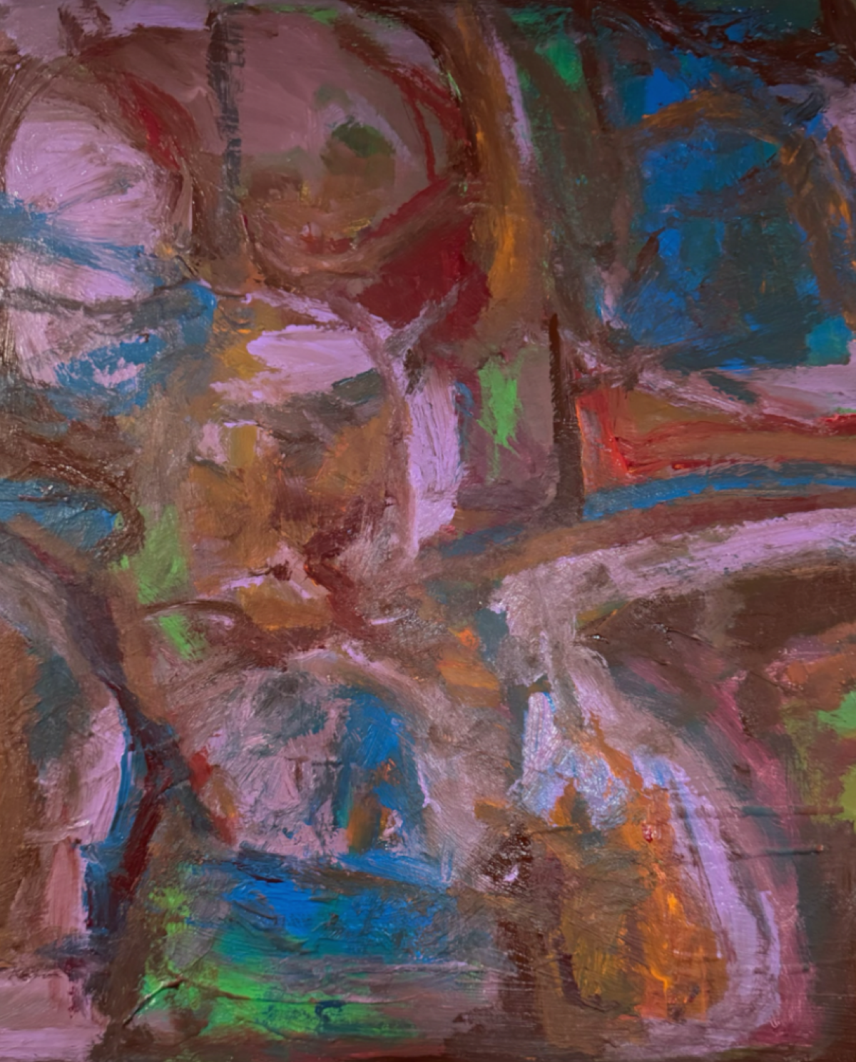 An abstract expressionist painting featuring expressive, textured brushstrokes in a mix of brown, purple, blue, green, orange, and white.