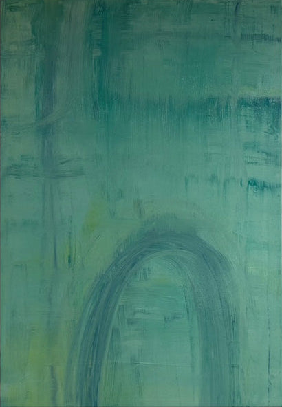 36×24 original abstract painting in acrylic and oil stick, framed in oak by Kerryn Loesner