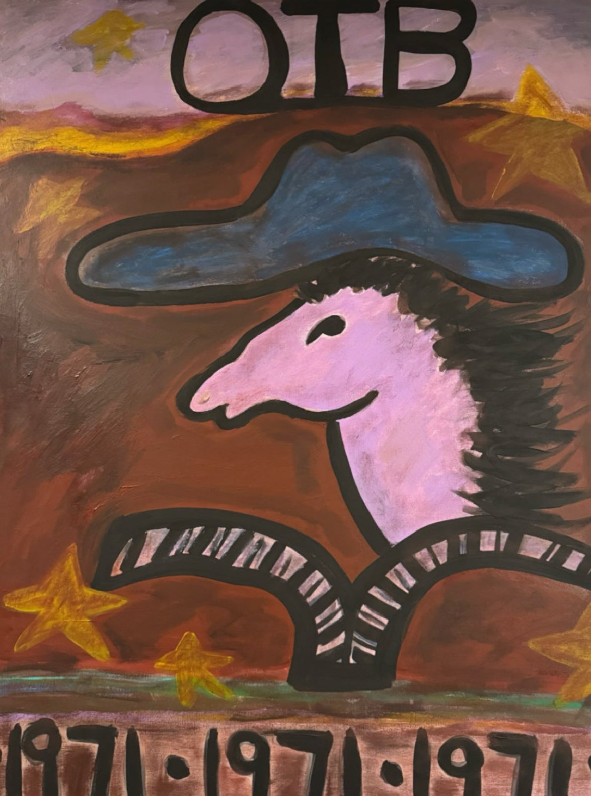 A painted artwork featuring a stylized pink horse head wearing a blue hat, with the letters 'OTB' at the top and '1971' repeated along the bottom, on a brown and purple background with yellow stars.