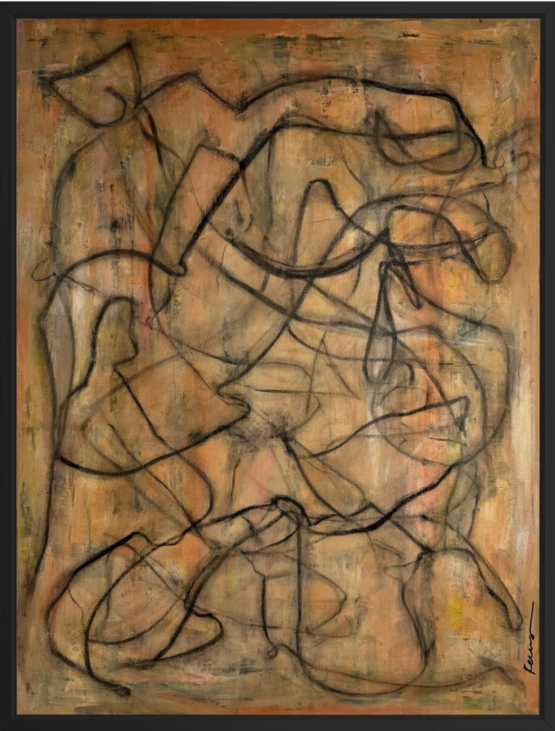 40×30 original abstract painting in acrylic and oil stick, framed in black by Kerryn Loesner
