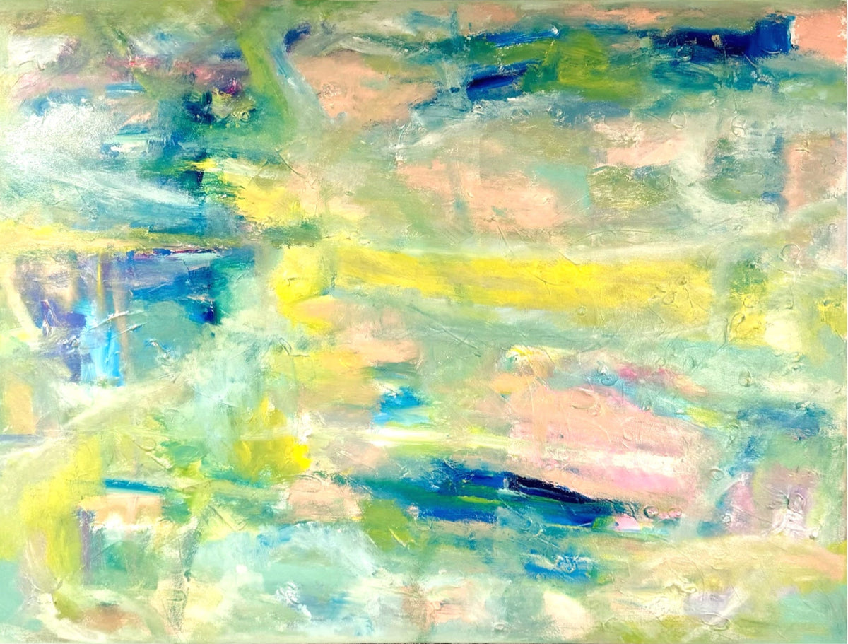 48×36 original abstract painting in acrylic and oil stick, framed in white oak by Kerryn Loesner